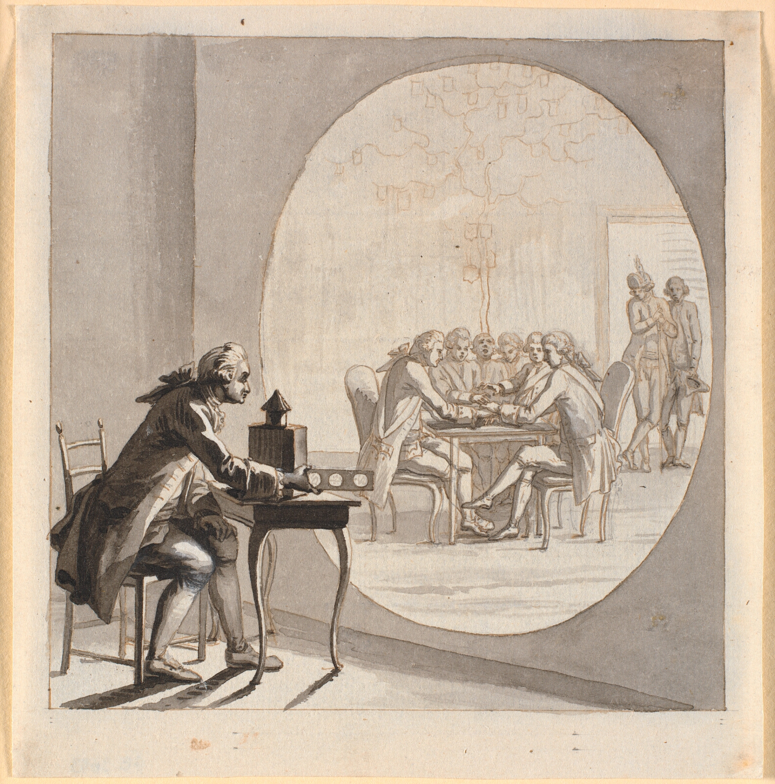 Nicolai Abildgaard, En mand med et laterna magica viser et billede af gehejmestatsrådet
