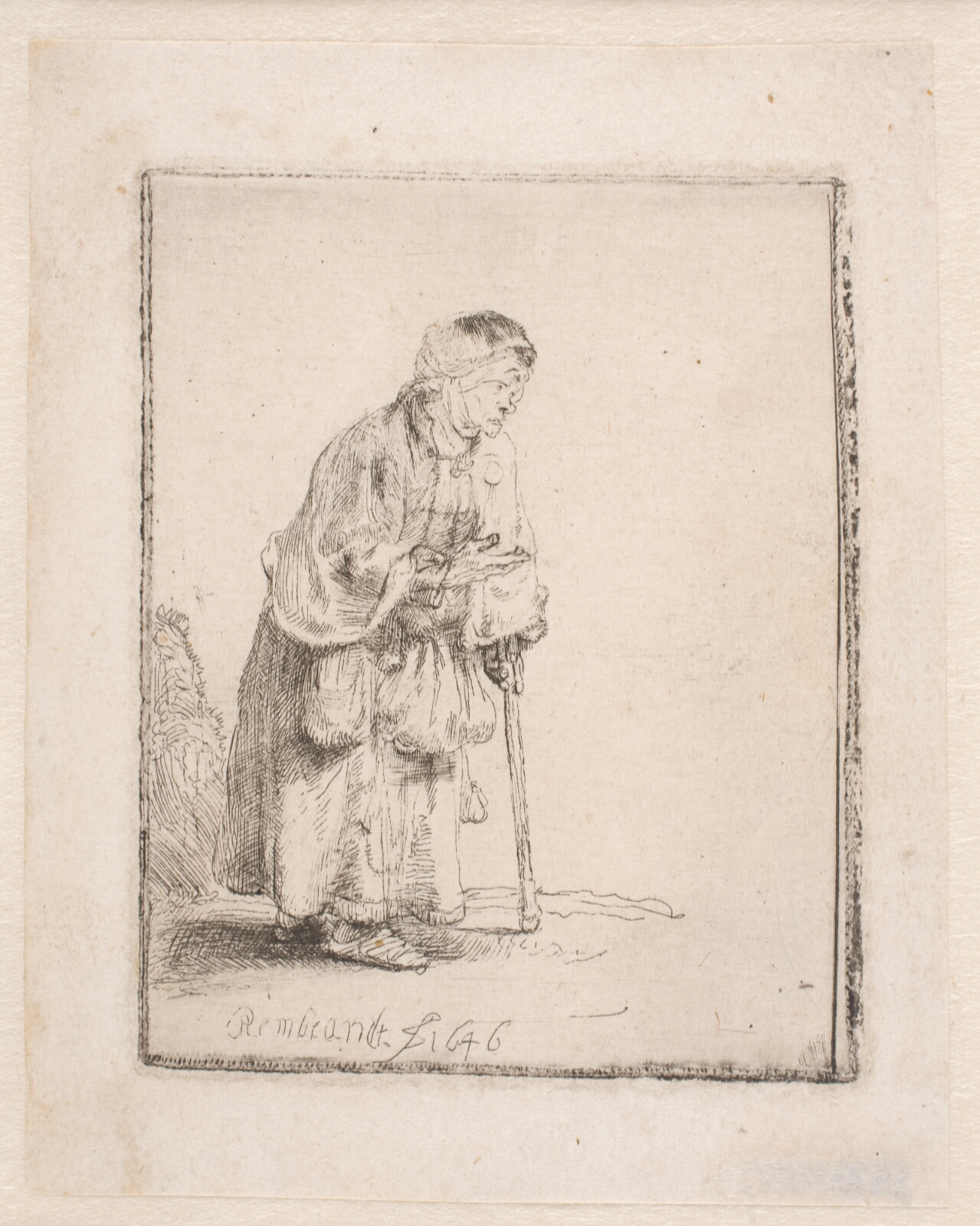 Rembrandt van Rijn, Tiggerske, lænende sig til en stok