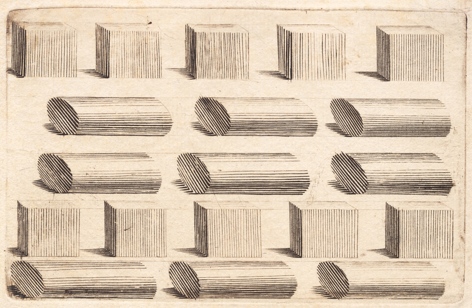 J.F. Clemens, Studieblad med fem rækker af terninger og brudstykker af runde stave