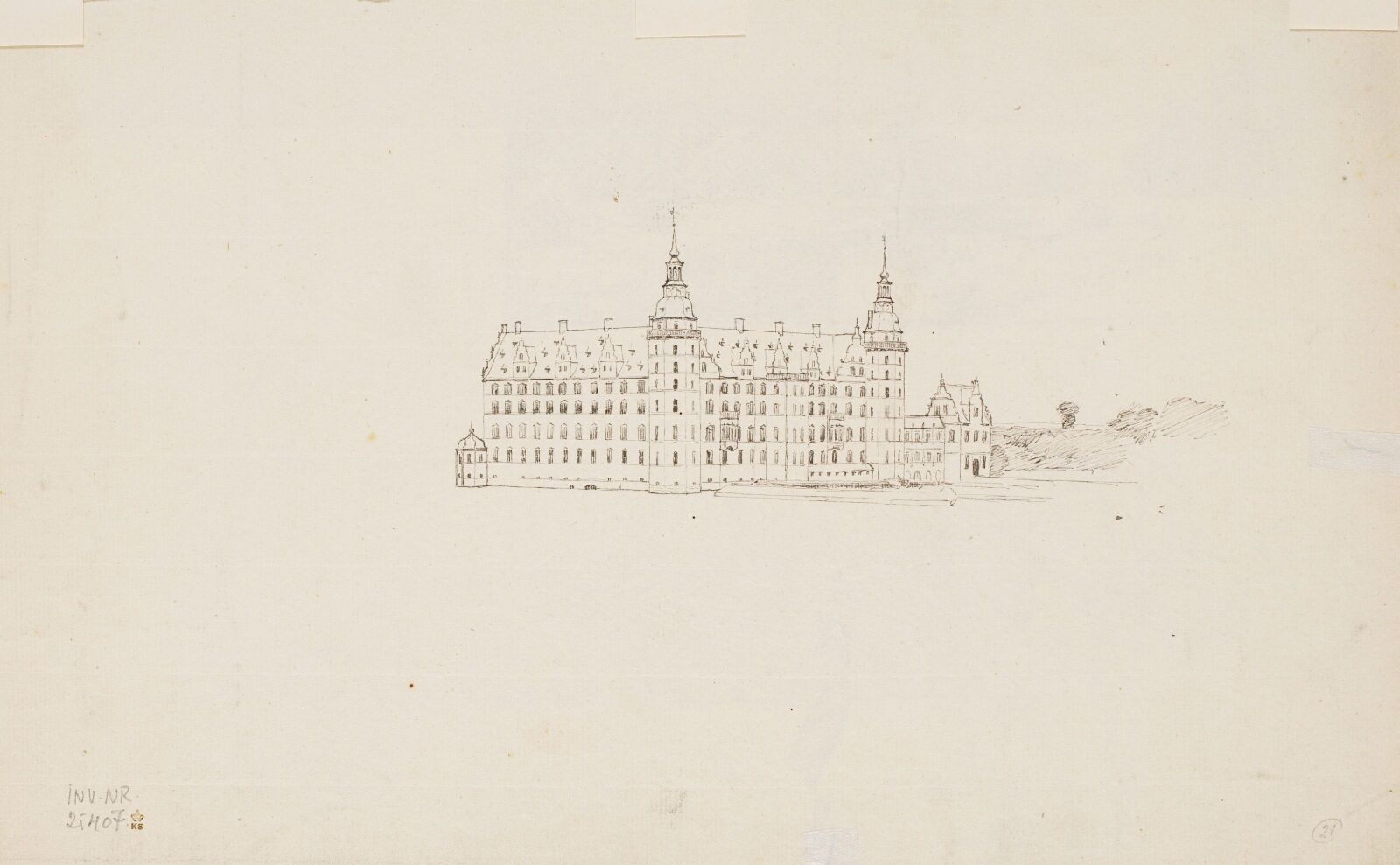 P.C. Skovgaard, Skitse af Frederiksborg slot set fra søen, audienshuset t.h.