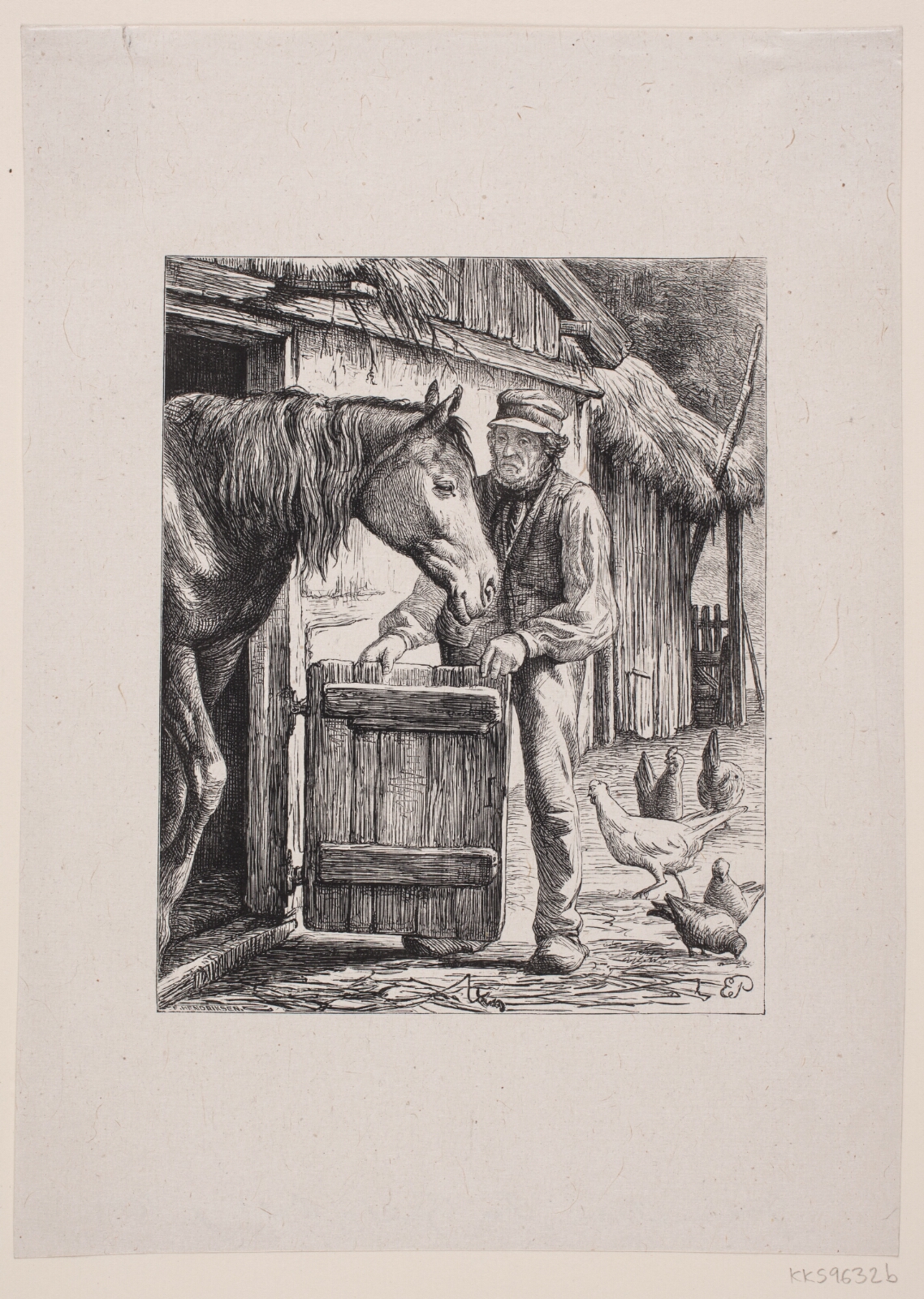 F. Hendriksen, Illustration til J. H. Hansens Digt "Ved Hesteskuret"