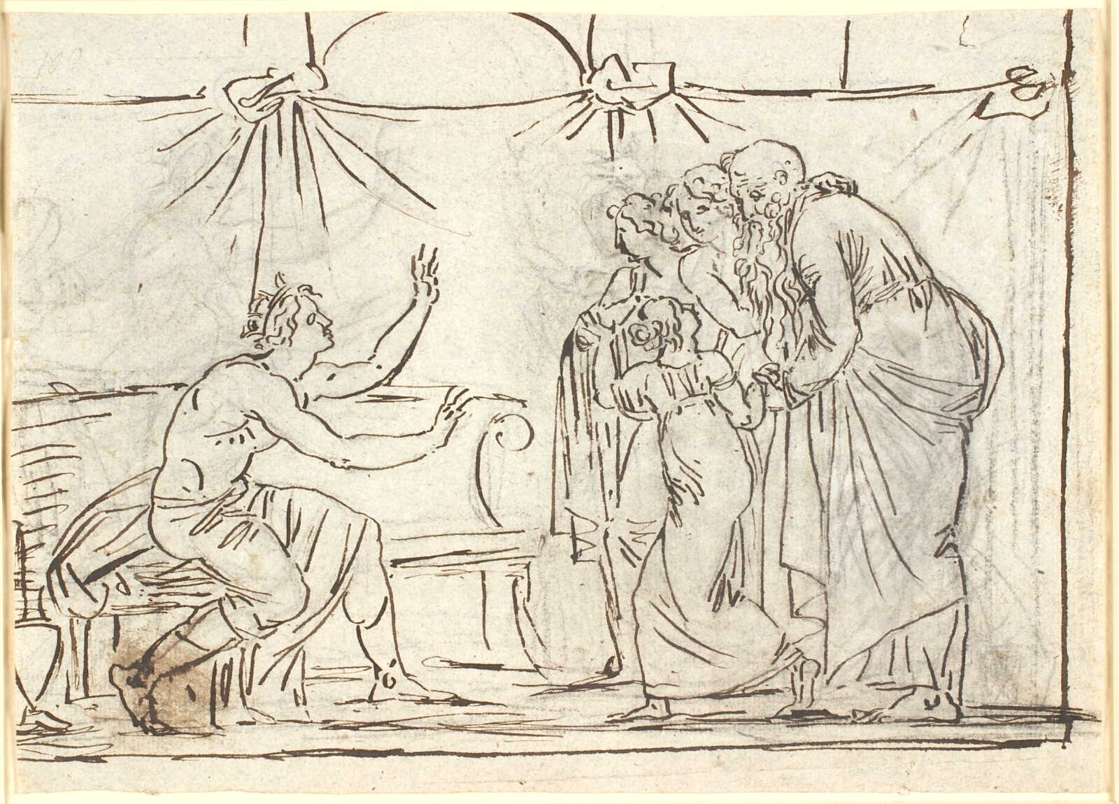 Nicolai Abildgaard, Antik scene. En siddende kronet helt taler til en gruppe af fire figurer, heriblandt en mindre pige og en gammel mand