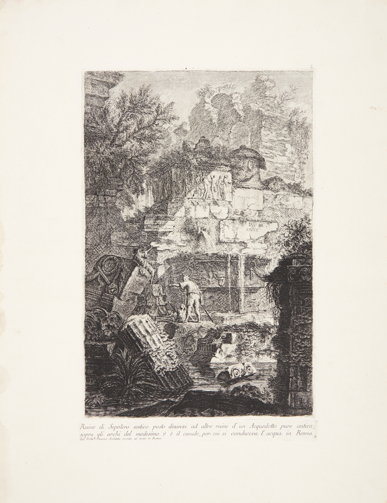 Giovanni Battista Piranesi, Ruinerne af en antik grav foran ruinerne af en antik akvædukt, over hvilken ses kanalen, som ledte vandet til Rom ...
