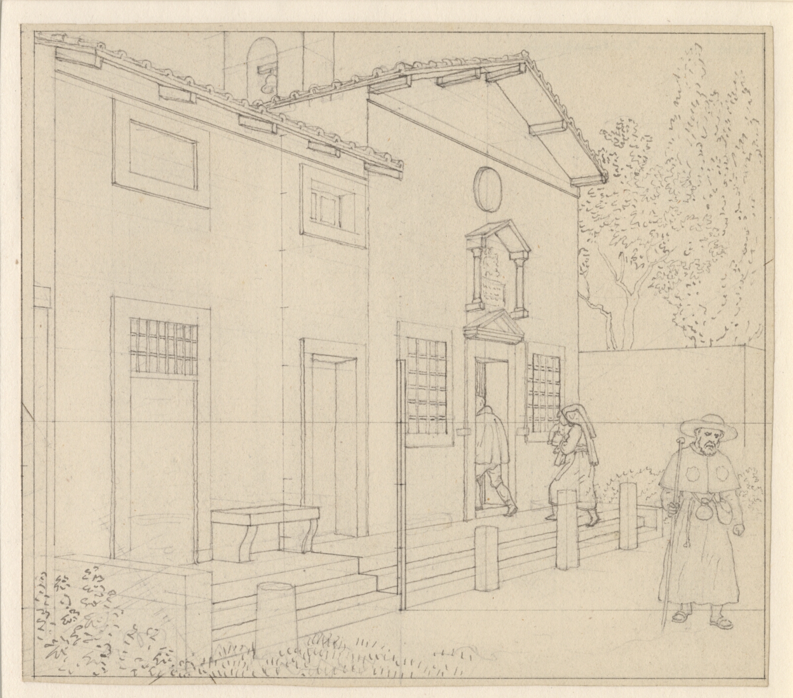 C.W. Eckersberg, Linearperspektiven anvendt paa Malerkunsten - Udkast til ikke anvendt illustration - Foran en sydlandsk kirke.