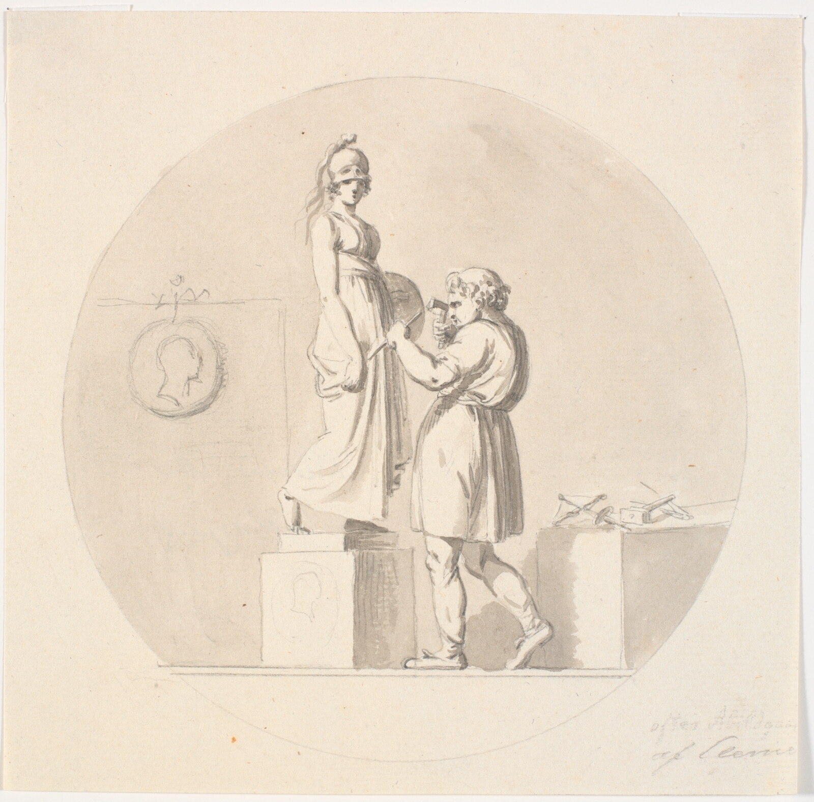 J.F. Clemens, Sergel arbejder i sit atelier med at hugge en statue af Minerva