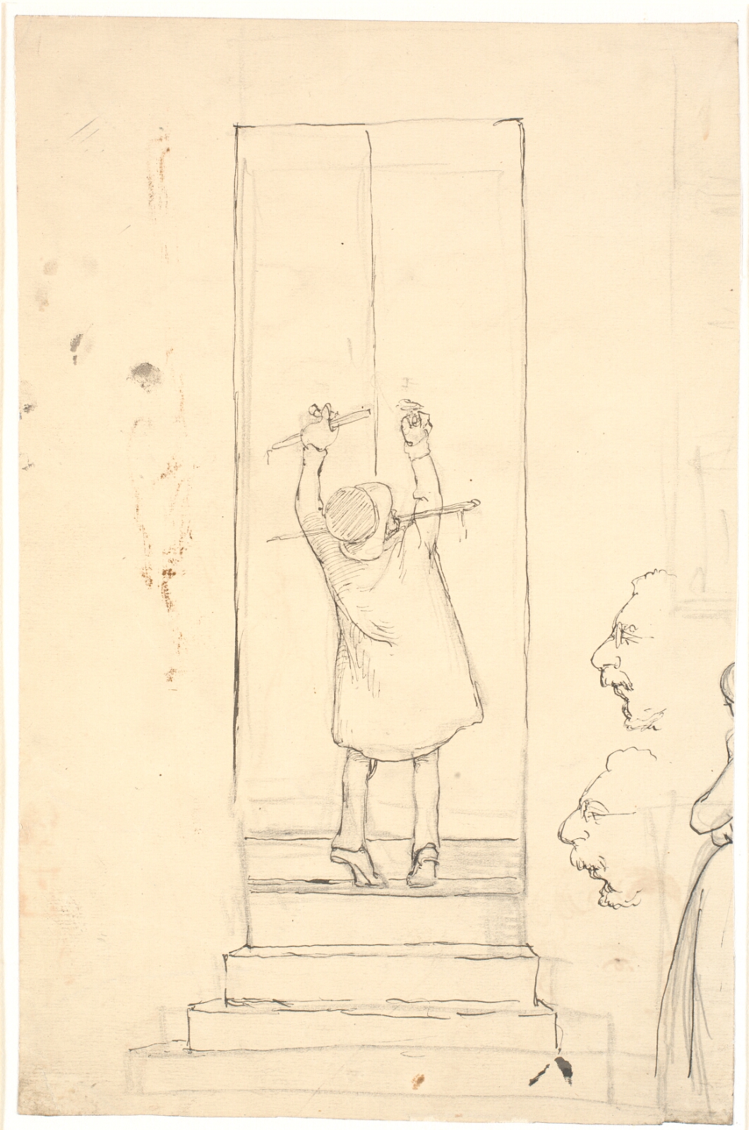 Wilhelm Marstrand, En lille mand står på tæerne for at åbne en dør med slå. Rids af profiler og kvinde
