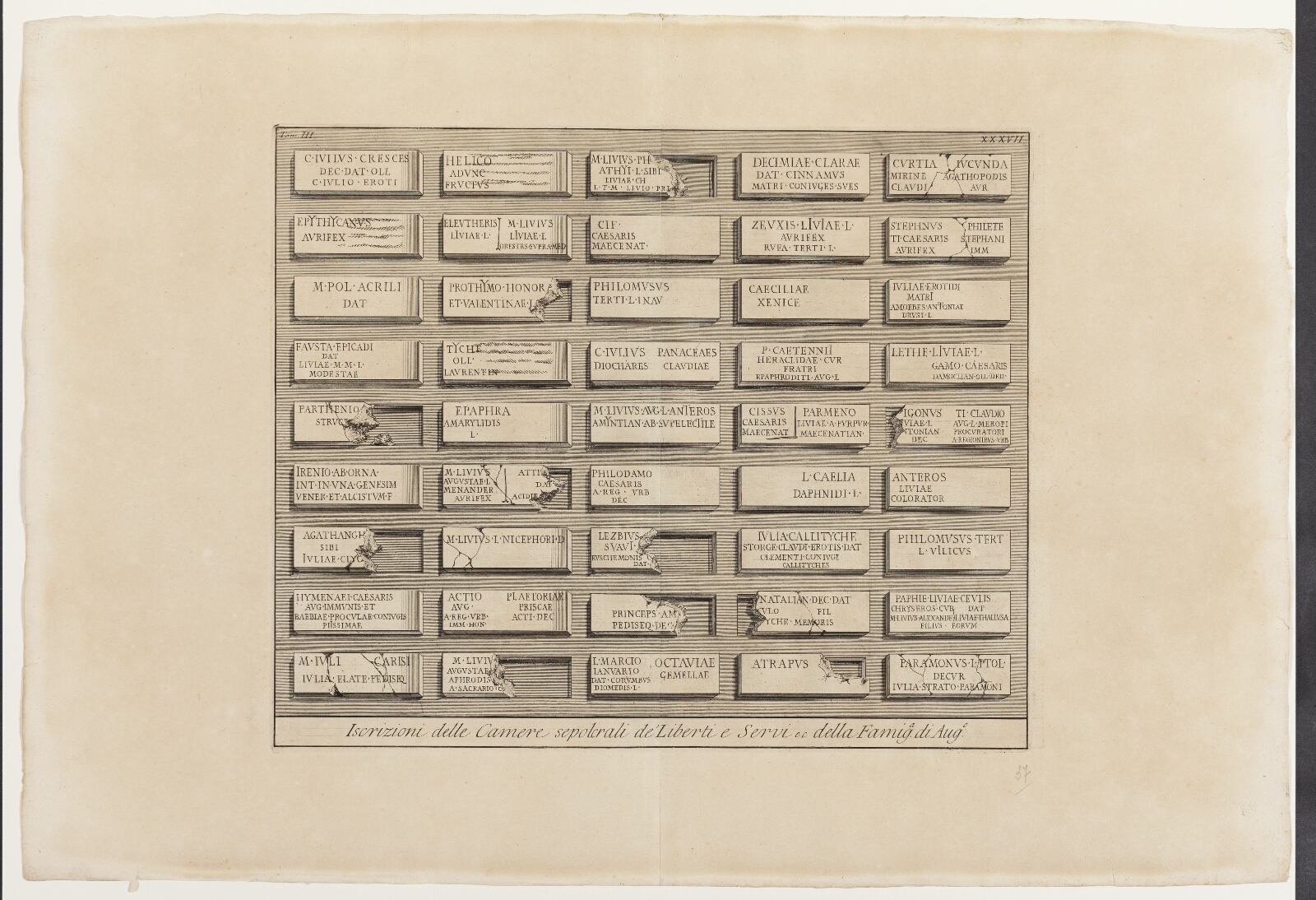 Giovanni Battista Piranesi, Iscrizioni delle Camere sepolcrali de' Liberti e Servi, ec. della Famiglia di Augusto, XXXVII
