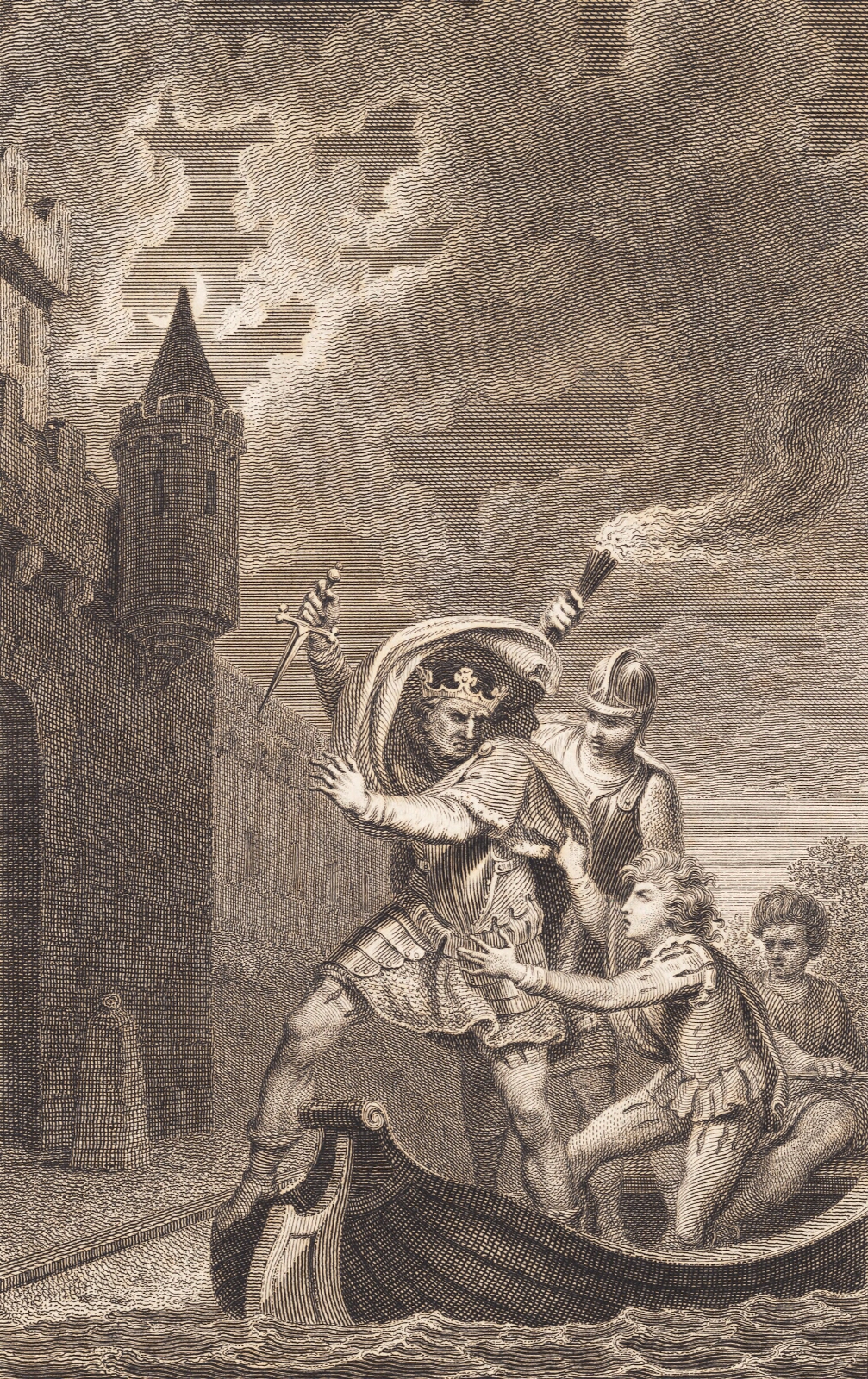 J.F. Clemens, Illustration. En konge med løftet dolk og tre personer i en båd