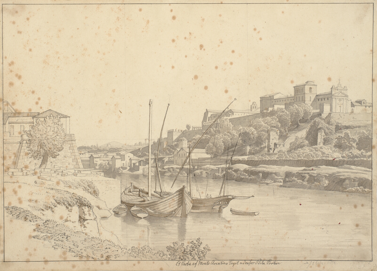 C.W. Eckersberg, Udsigt over Tiberen ved Porto di Ripa Grande uden for Porta Portese mod Marmorata og kirkerne på Monte Aventino, Rom