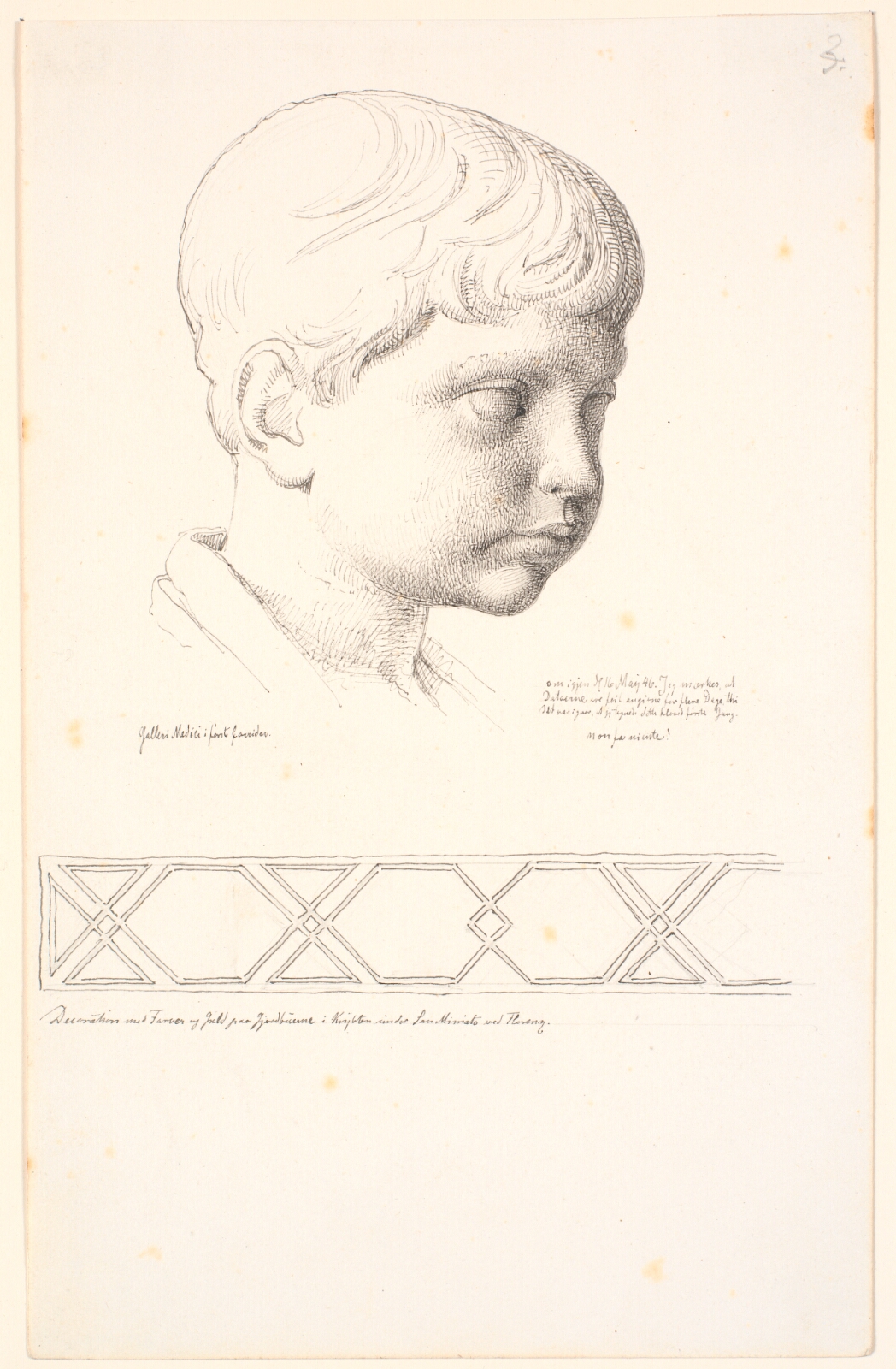 Johan Thomas Lundbye, Britannicus hoved set i 3/4 profil mod højre. Forneden en dekorativ bort