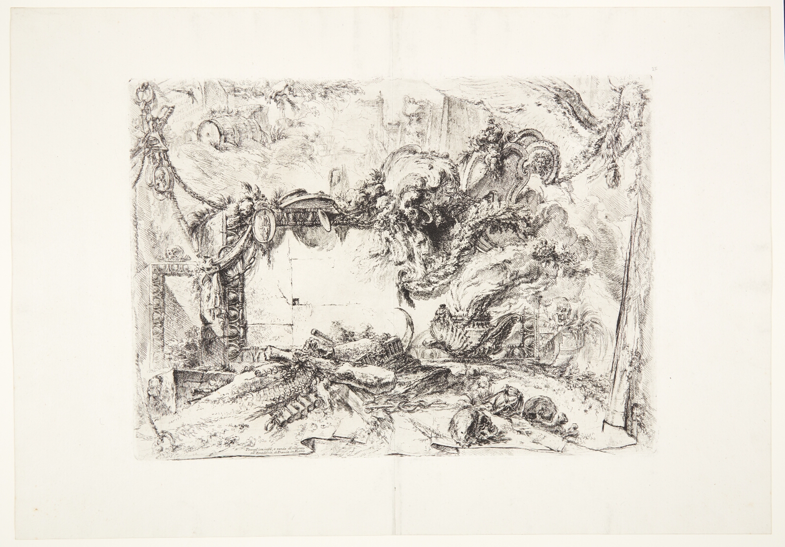 Giovanni Battista Piranesi, Den monumentale tavle. Dekorativ capriccio med bart murstykke udsmykket med æggestavsfrise; i forgrunden en brændende urne, kranier og et timeglas