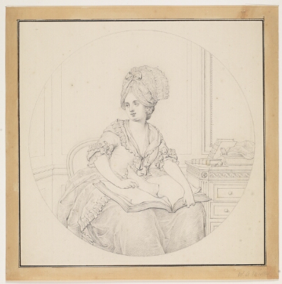 Yngre dame, bladrende i en foliant, der ligger på hendes skød, Müller, W.A., 1733-1816