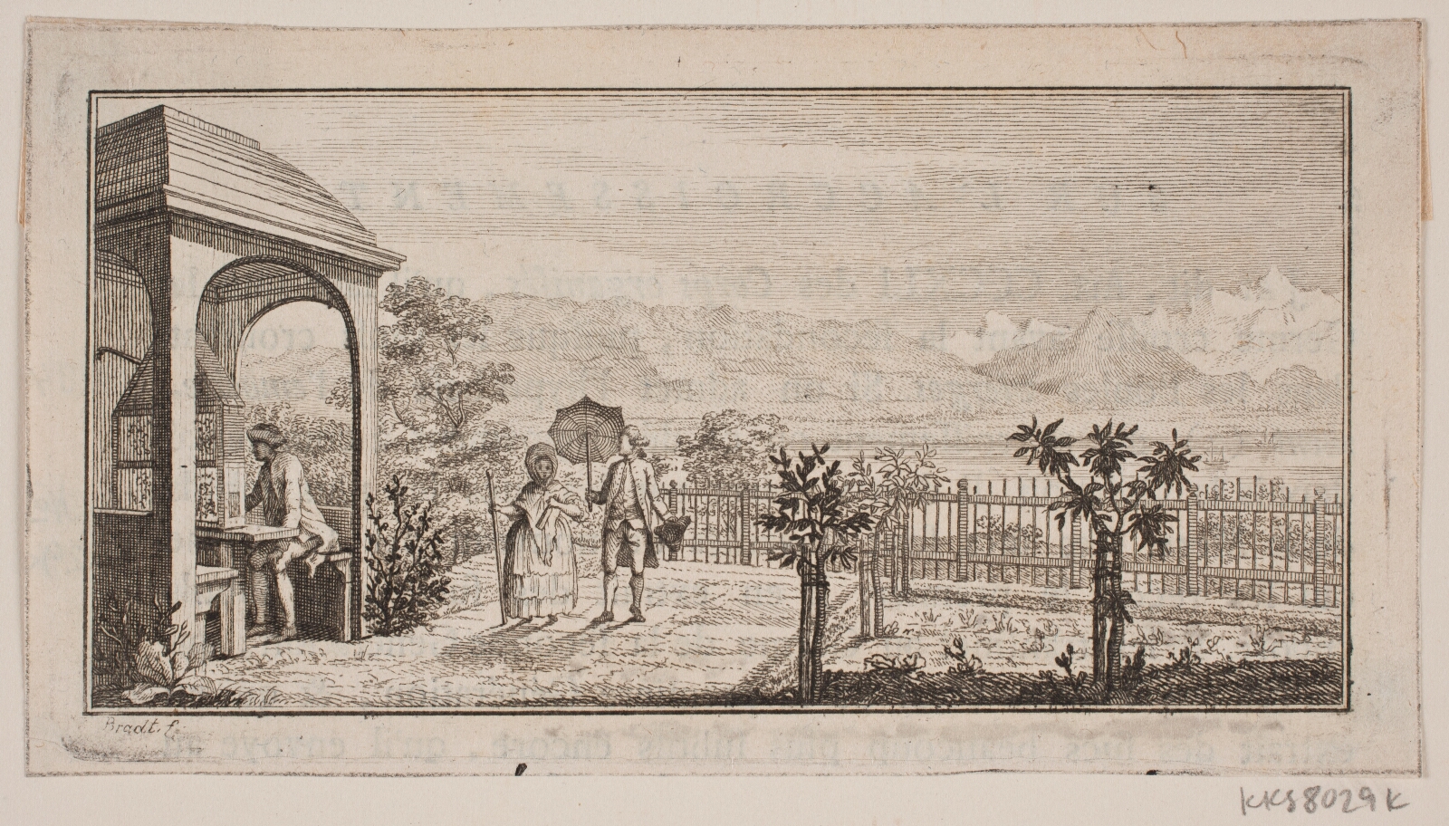 J.F. Clemens, En haveterrasse i Genthod med et spadserende par