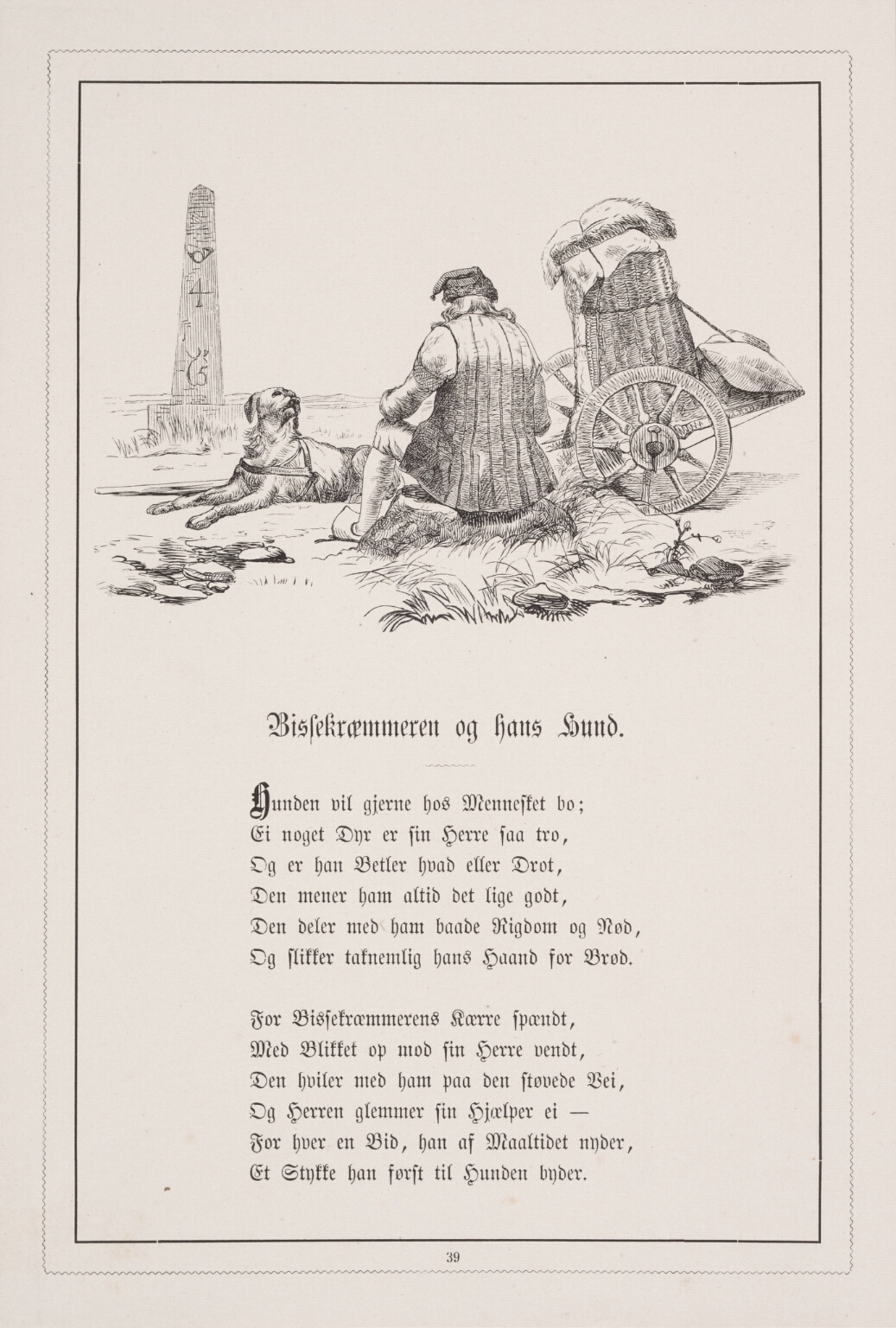 Bissekræmmeren og hans hund. Illustration til H.V. Kaalund, "Fabler for Børn"