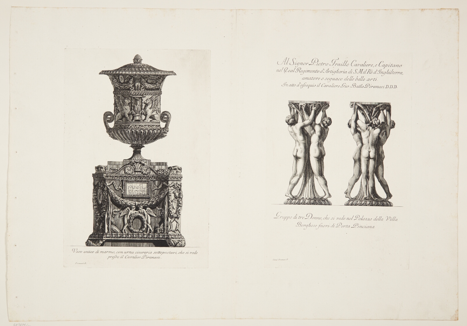 Giovanni Battista Piranesi, Marmorvase med frise af griffer, der flankerer en kandelaber, samt to afbildninger af en opsats dekoreret med en gruppe af kvinder