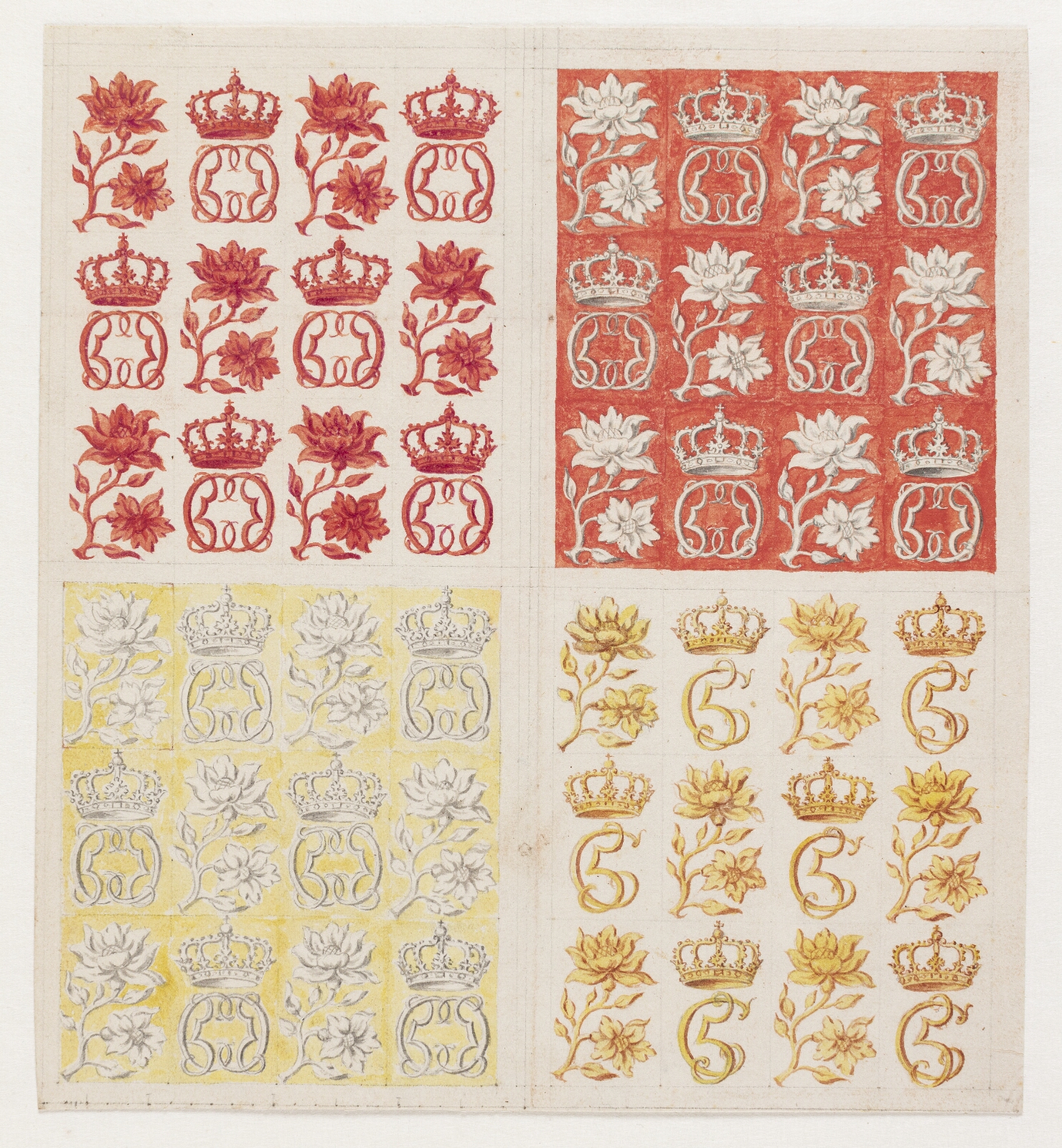 Lambert van Haven, 4 stofmønstre med Christian V's monogram, i varierende farver