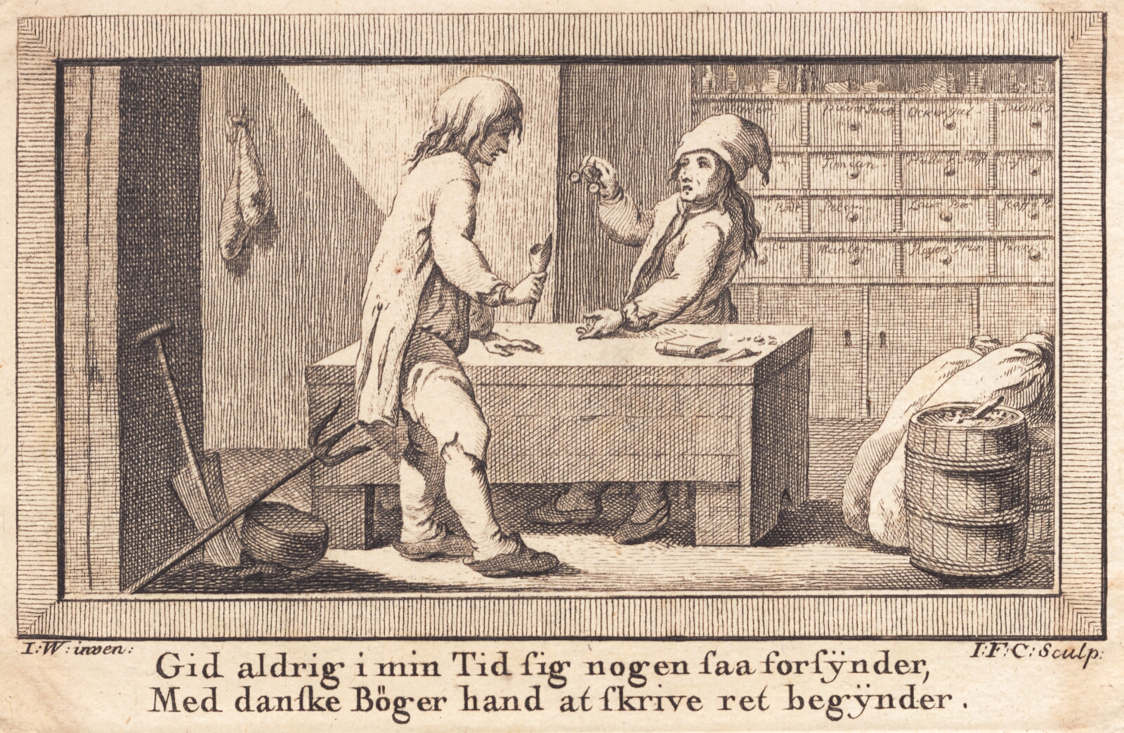 J.F. Clemens, Peder Ruus og Per Iversen i købmandsboden