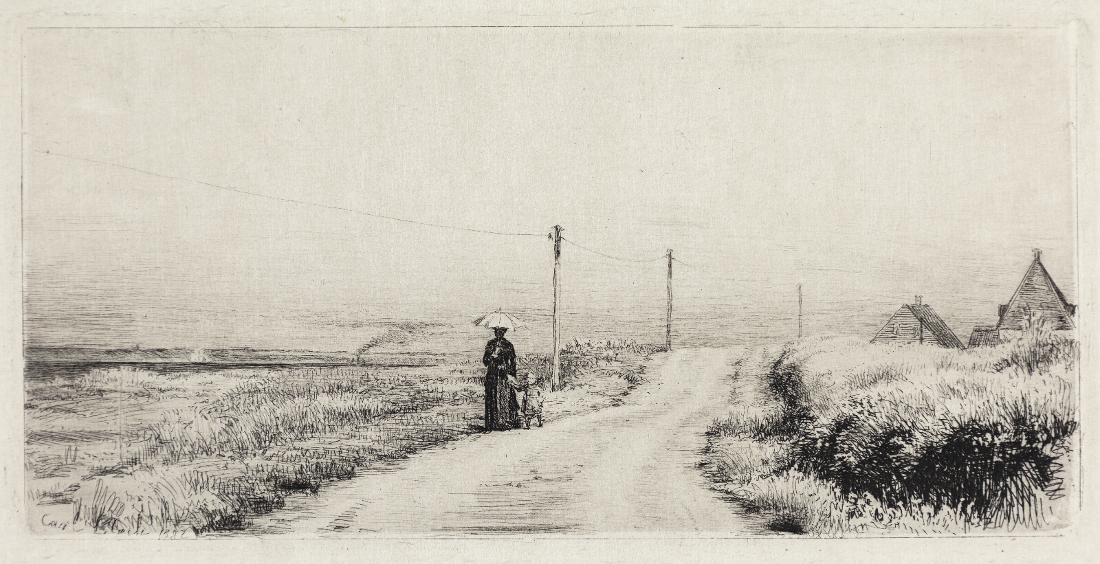 Carl Bloch, Landevej med spadserende dame. Solskinseftermiddag.