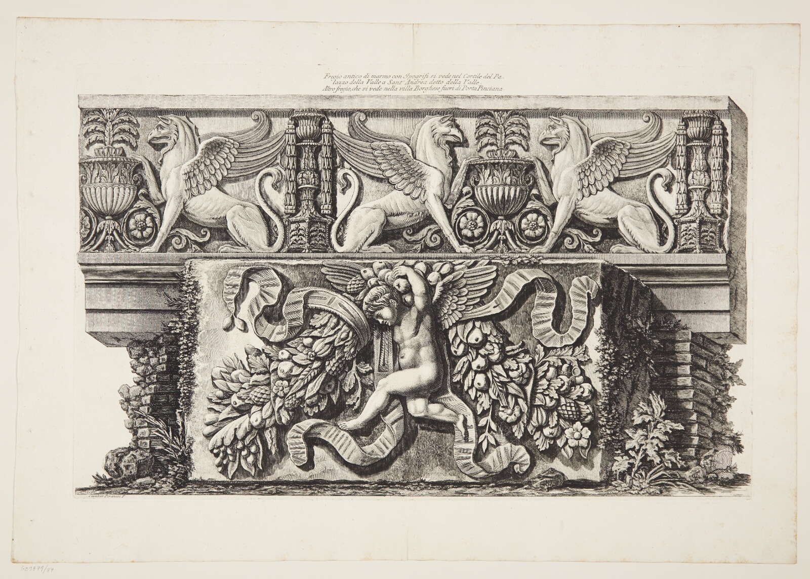 Giovanni Battista Piranesi, To marmorfriser, én med griffer, en anden med putto flankeret af frugtguilander