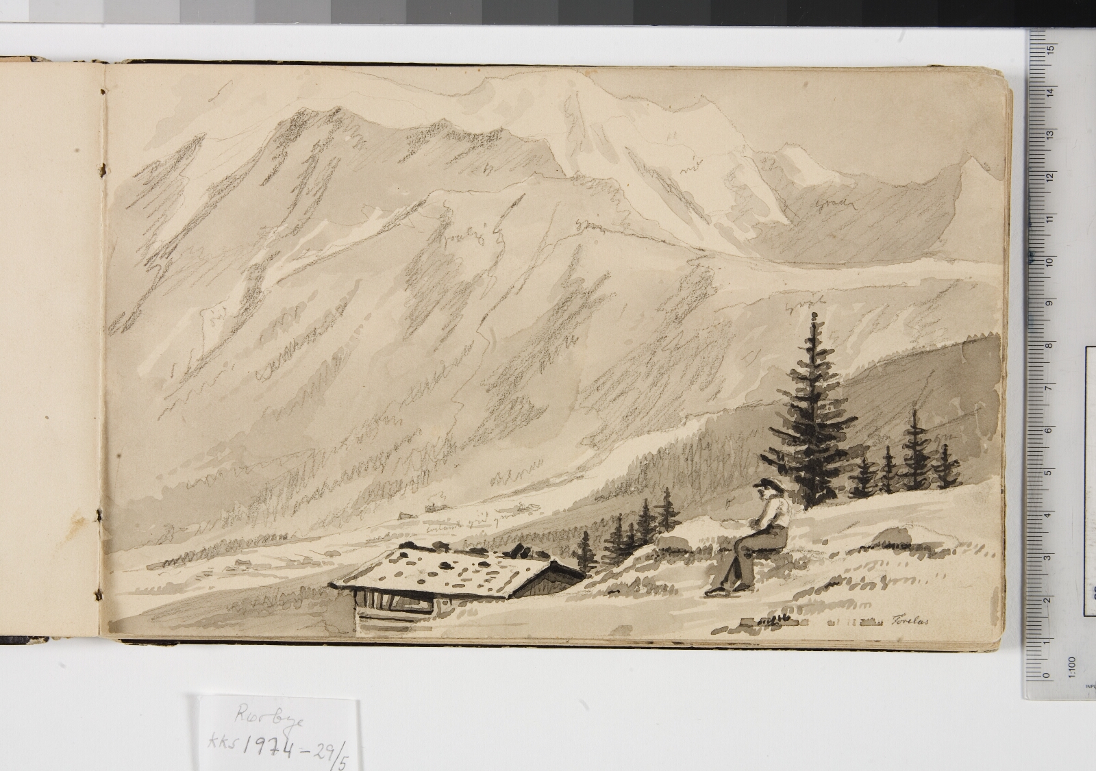 Martinus Rørbye, Landskab ved Chamonix, Frankrig. I forgrunden en sø
