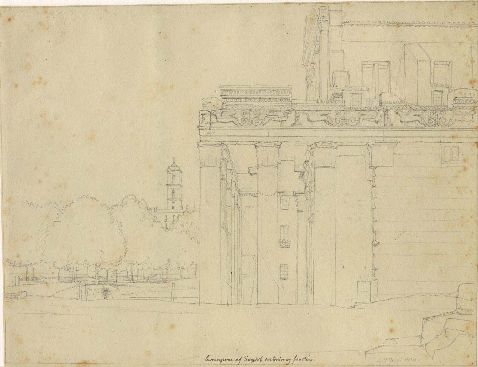 C.W. Eckersberg, Et parti fra Via Sacra, på Forum Romanum med Antonius og Faustina templet og udsigt mod Campidoglio, Rom