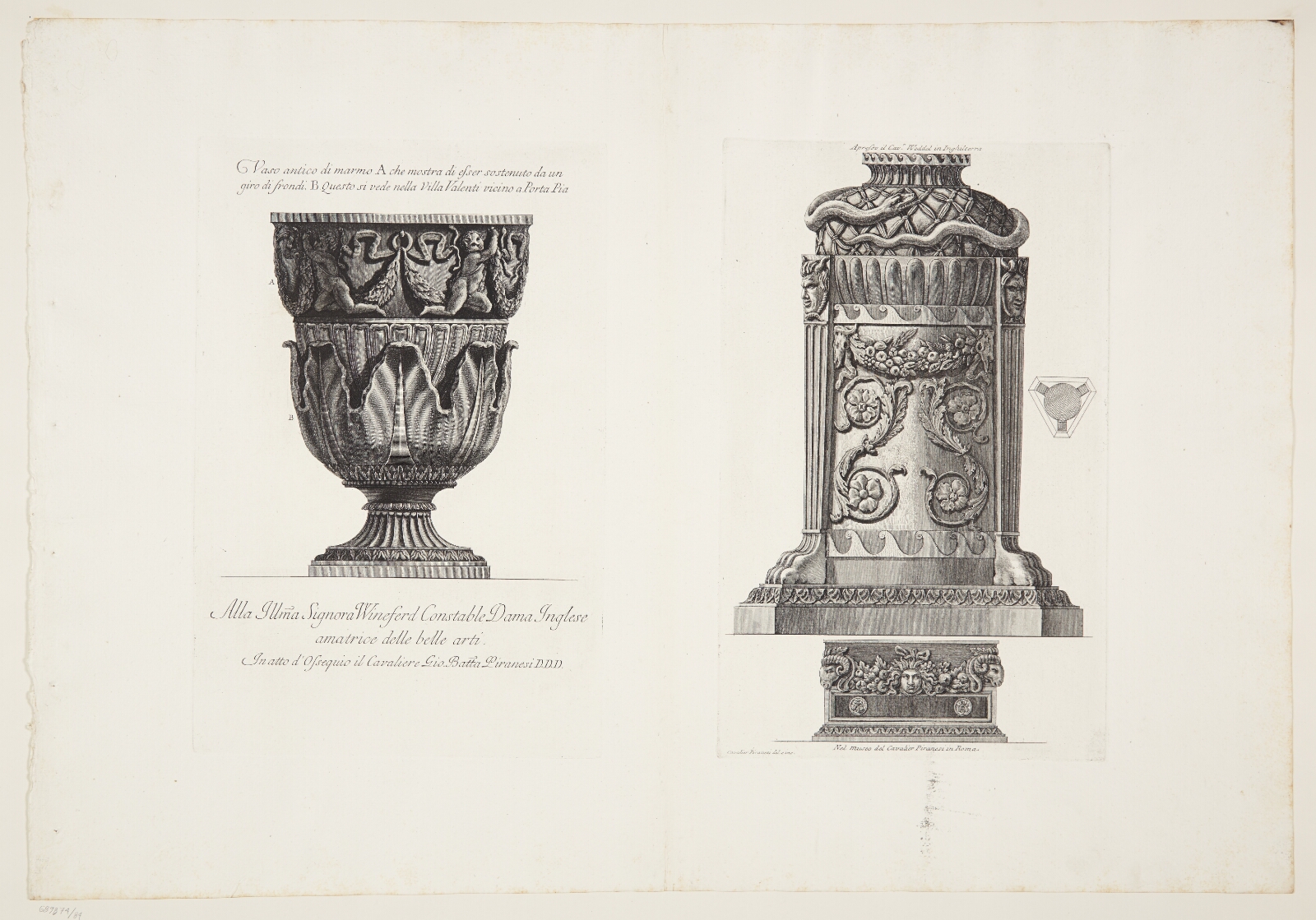 Giovanni Battista Piranesi, Marmorvase med frise af putti og vinranker samt marmortrefod udsmykket med slange, frugtranker og satyrhoveder