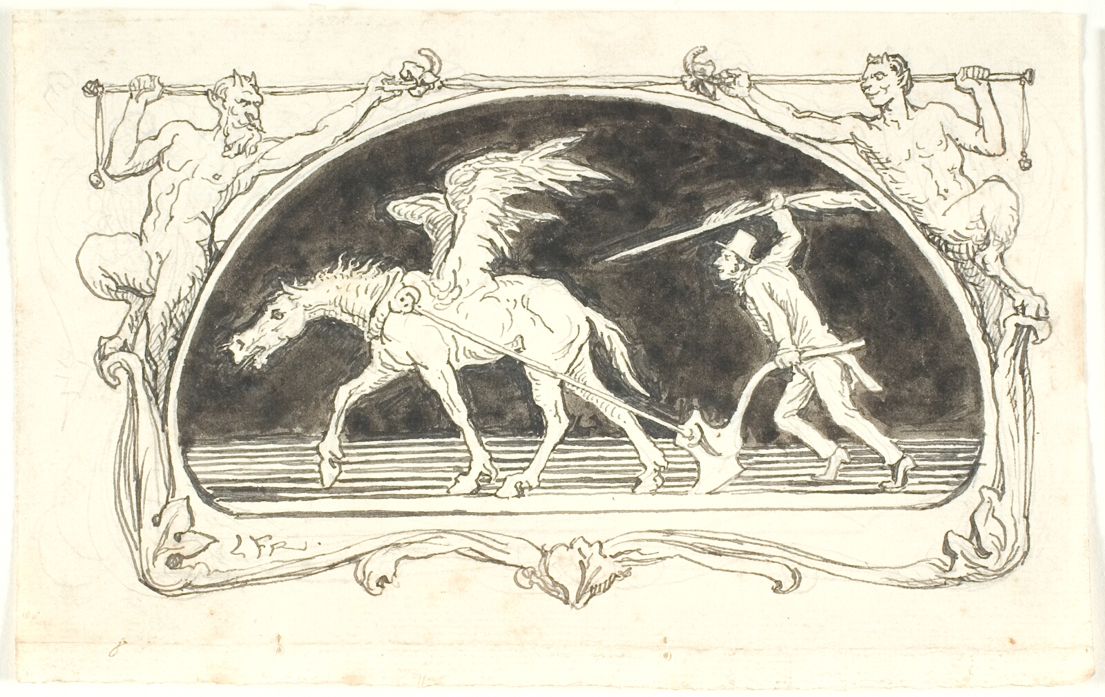 Lorenz Frølich, Vignet med en udslidt Pegasus for en plov, der drives frem af en mand med høj hat, bevæbnet med en stor pen