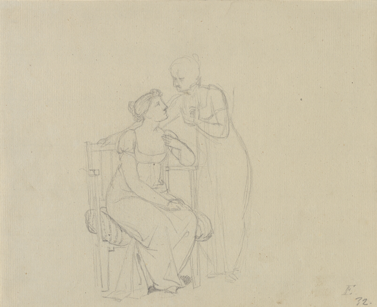 C.W. Eckersberg, To damer der taler sammen, den ene sidder i en lænestol, den anden står bøjet over hende.