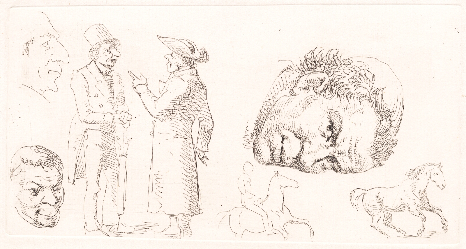 Wilhelm Marstrand, Andet prøveblad i stylografi med munkehoved, heste m.m.