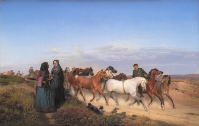 Jyske bønder på vej hjem fra marked med deres heste, Sonne, Jørgen V., 1870