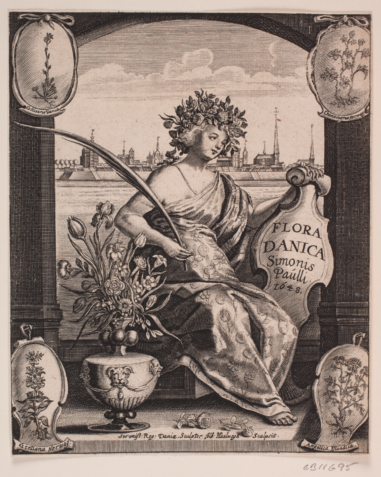 Albert Haelwegh, Siddende Flora. Titelblad til Simon Paullis, "Flora danica", 1648