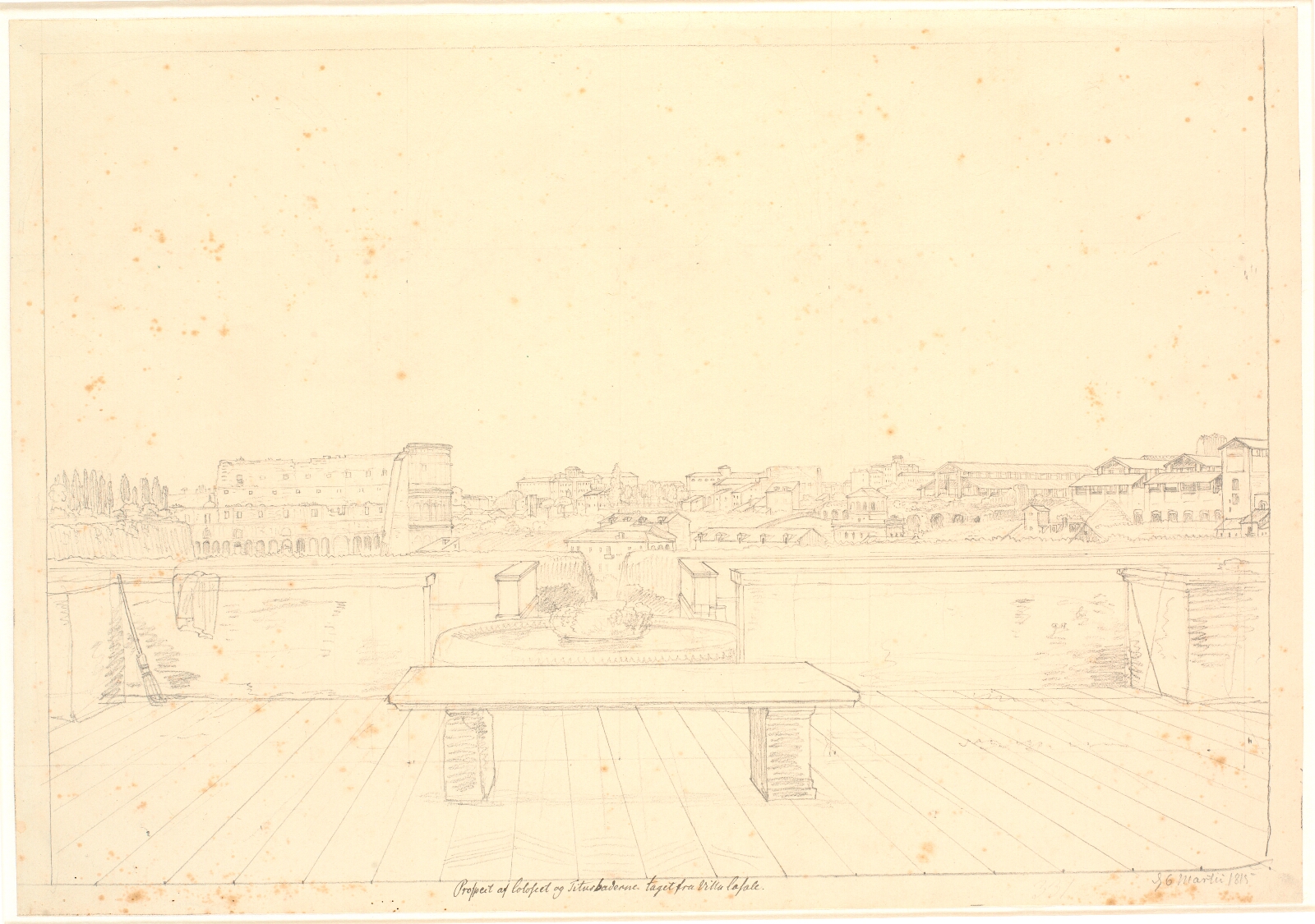 C.W. Eckersberg, Udsigt fra den nu nedrevne Villa Casalis øvre terrasse mod Colosseum og Monte Esquilino, i baggrunden Quirinalet, Rom