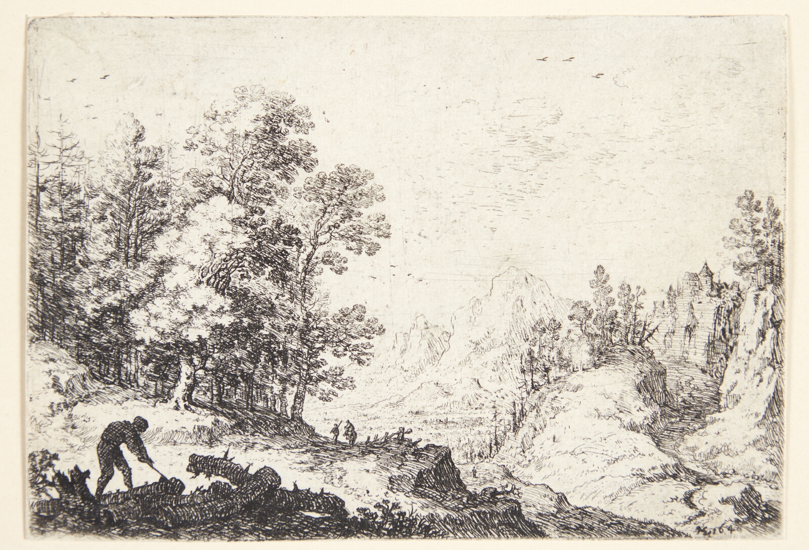 Herman Saftleven, Panorama over bjergrigt landskab, i forgrunden en brændehugger