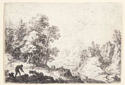 Panorama over bjergrigt landskab, i forgrunden en brændehugger, Saftleven, Herman, 1640