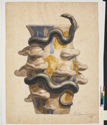 Forarbejde til vase dekoreret med plastisk udformet slange og svampe, Skovgaard, Joakim, 1888