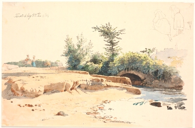 Delvist udtørret flodleje med bro, øverst to pennestudier af en pige set bagfra, Lundbye, Johan Thomas, 1845