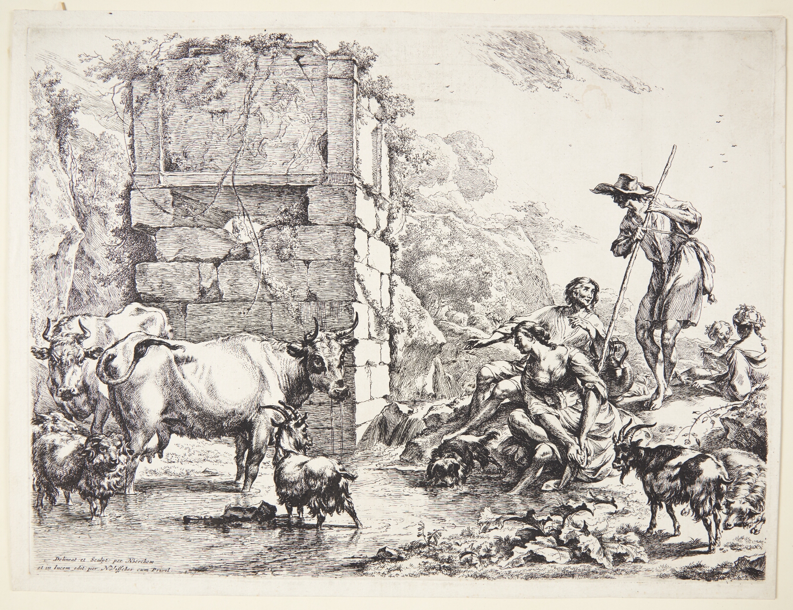 Nicolaes Berchem, En hyrde vander sine dyr ved en tilgroet ruin