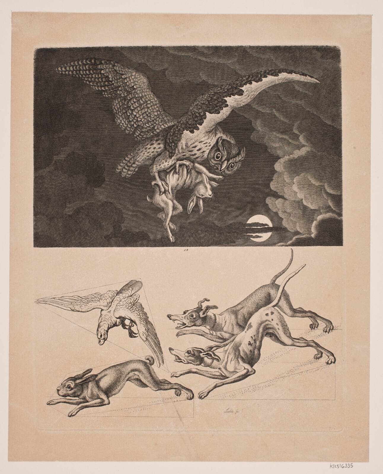 Gerhard Ludvig Lahde, Tavle med Ugle flyvende med hare, derunder; hunde, hare og jagtfalk