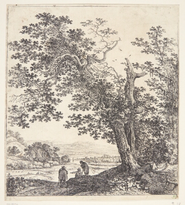 Panorama med en flod, i forgrunden et dobbeltstammet træ, Saftleven, Herman, 1647