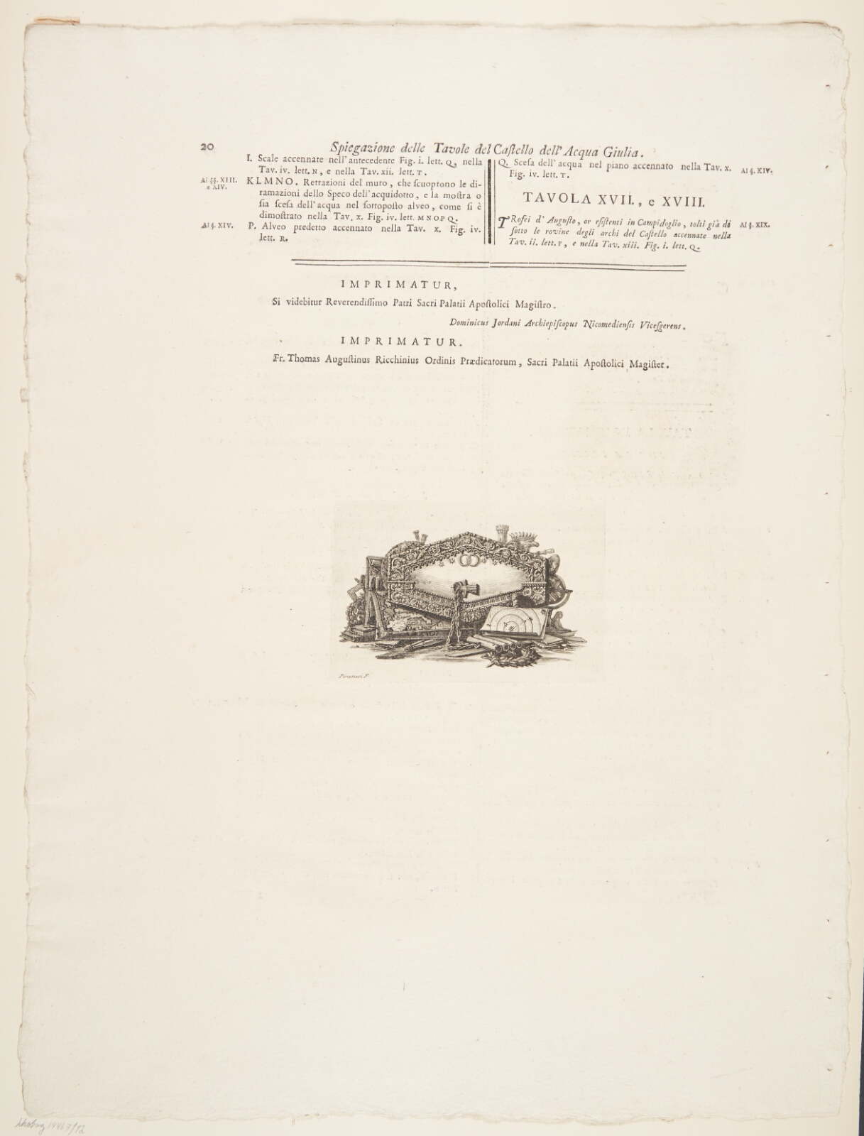 Giovanni Battista Piranesi, Oversigt over afbildningerne af Acqua a Giulia-fontænen. Tekstblad med vignet