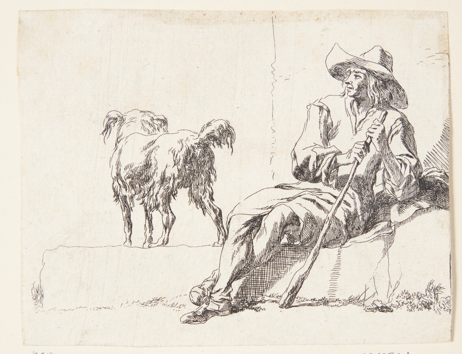 Nicolaes Berchem, En hyrde med sin hund. Titelblad til "Geder"