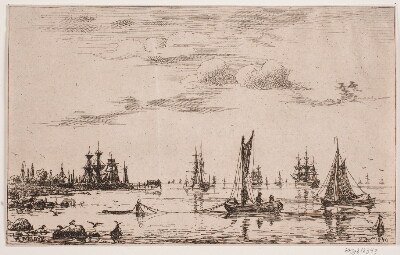 Skibe og både i stille vejr ved kysten, Melbye, Anton, 1840