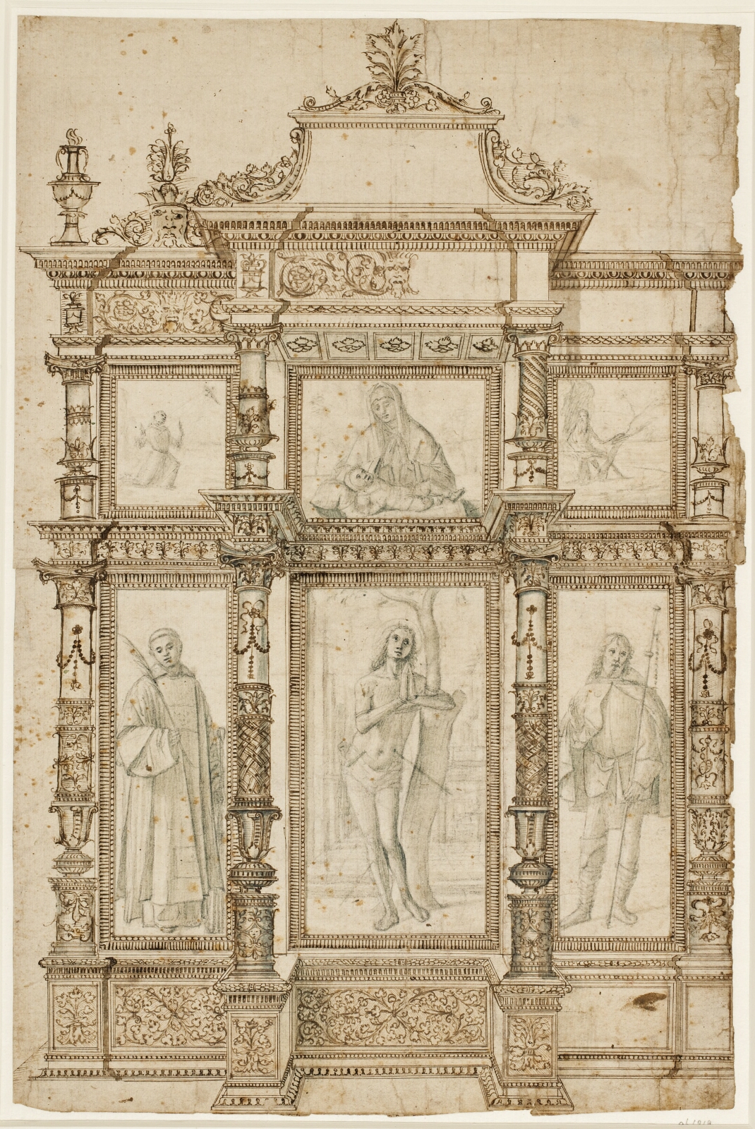 Vittore Carpaccio, Studie til en altertavle med seks billeder i en ornamenteret ramme. F.o.: Sankt Frans' stigmatisering, Jomfru Maria med Jesusbarnet og Johanns Døberen i ørkenen. F.n.: Helgenerne Laurentius, Sebastian og Rochus