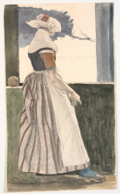 Ung strikkende pige i Sallingdragt, ser ud af et vindue, Dalsgaard, Christen, 1849