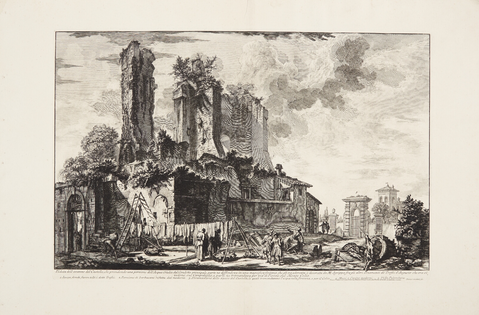Giovanni Battista Piranesi, Resterne af bygningen over Acqua Giulia, med tørresnore i forgrunden og Villa Palombara i det fjerne