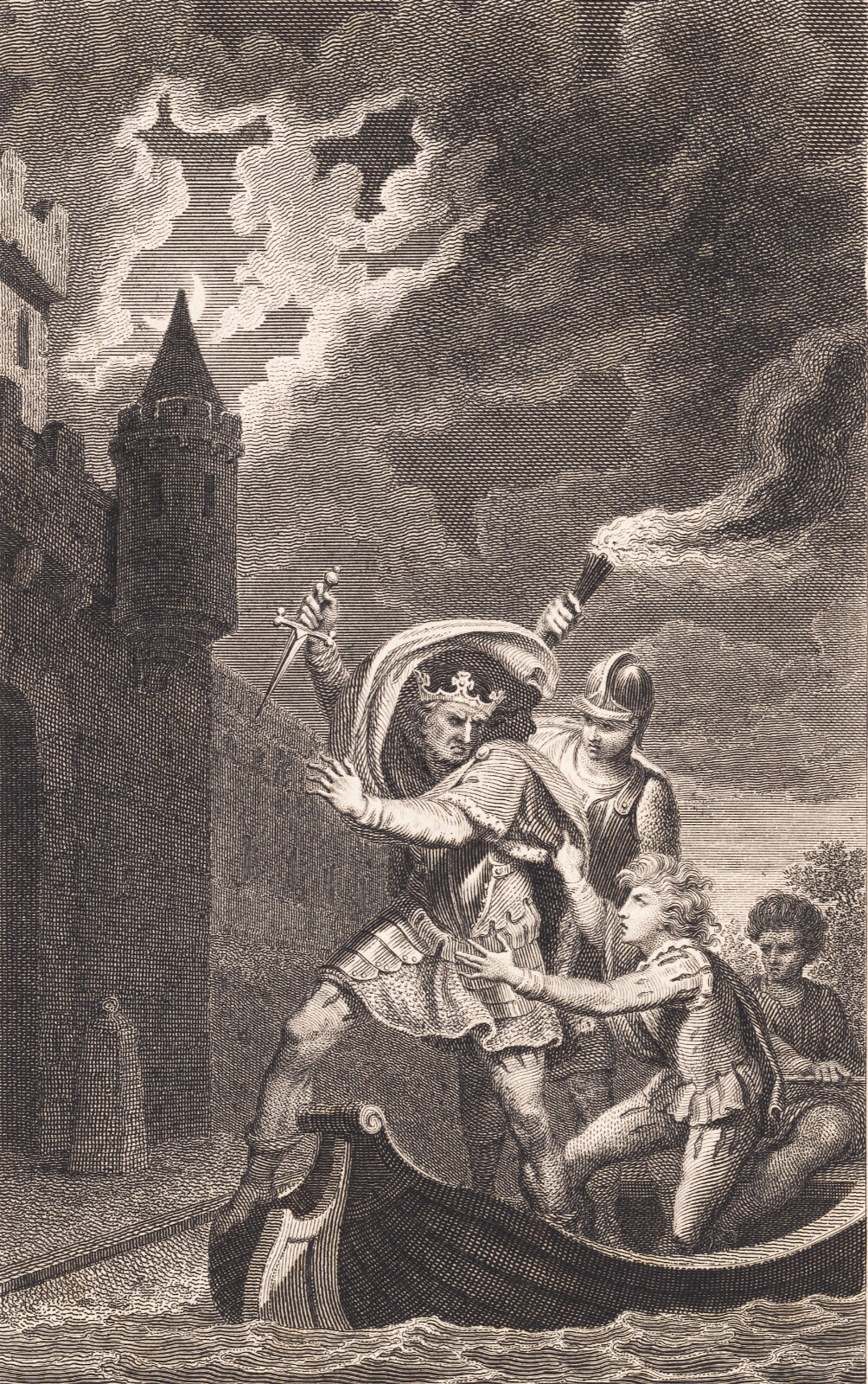 J.F. Clemens, Illustration. En konge med løftet dolk og tre personer i en båd