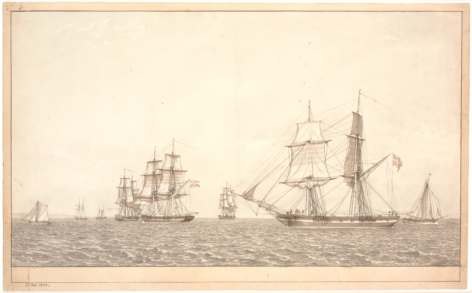 C.W. Eckersberg, Krigsskibe under sejl i sundet.