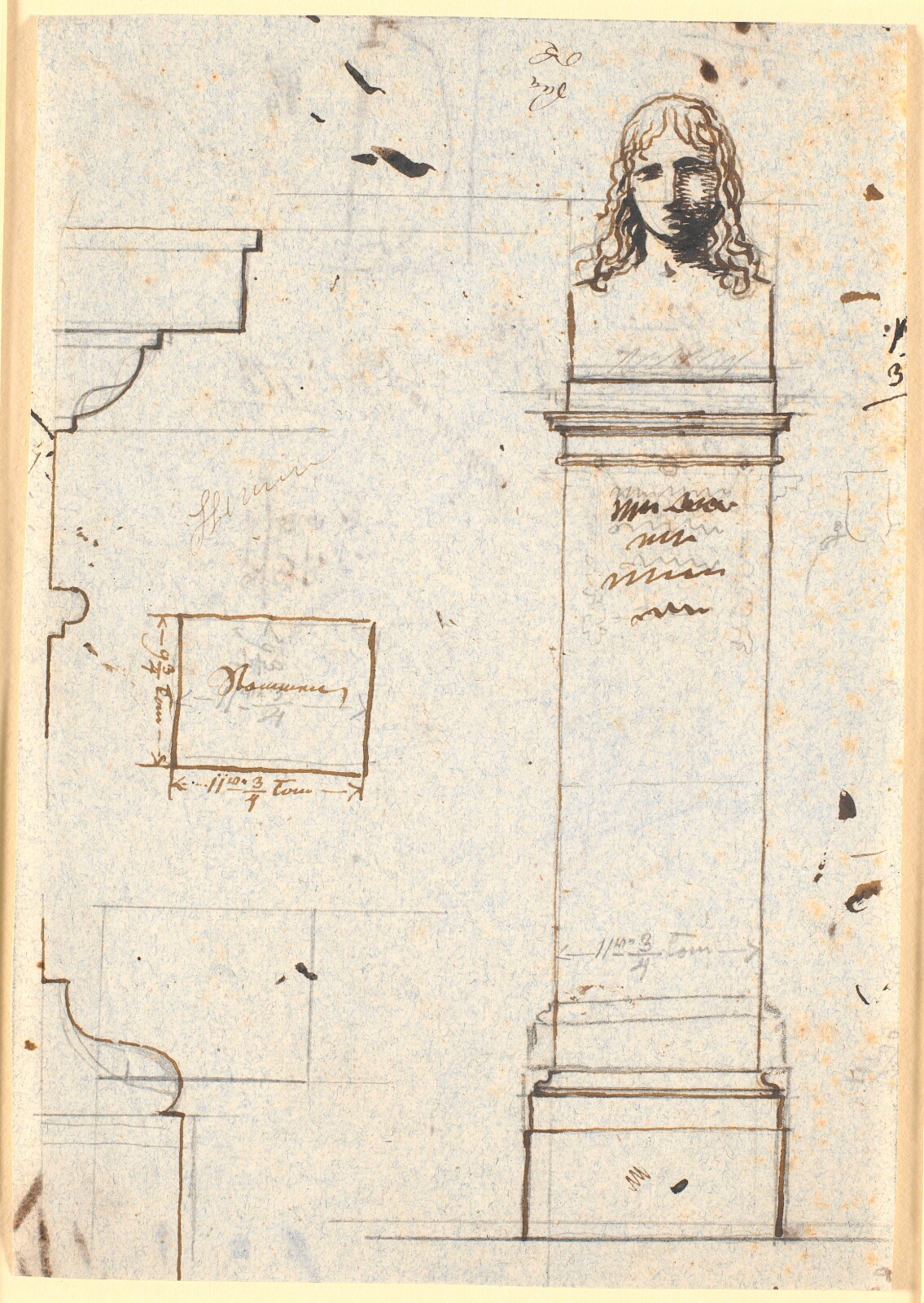 Nicolai Abildgaard, Udkast til et monument med en buste af en ung mand med lokker (Rafael). Opstalt, vandret snit og profiler