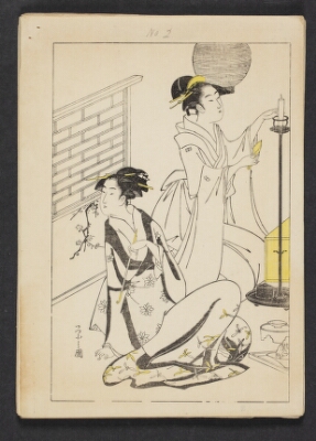 Geishaer forbereder underholdning (aftryk fra konturstok og gul stok), Chōbunsai Eishi, 1895-1905