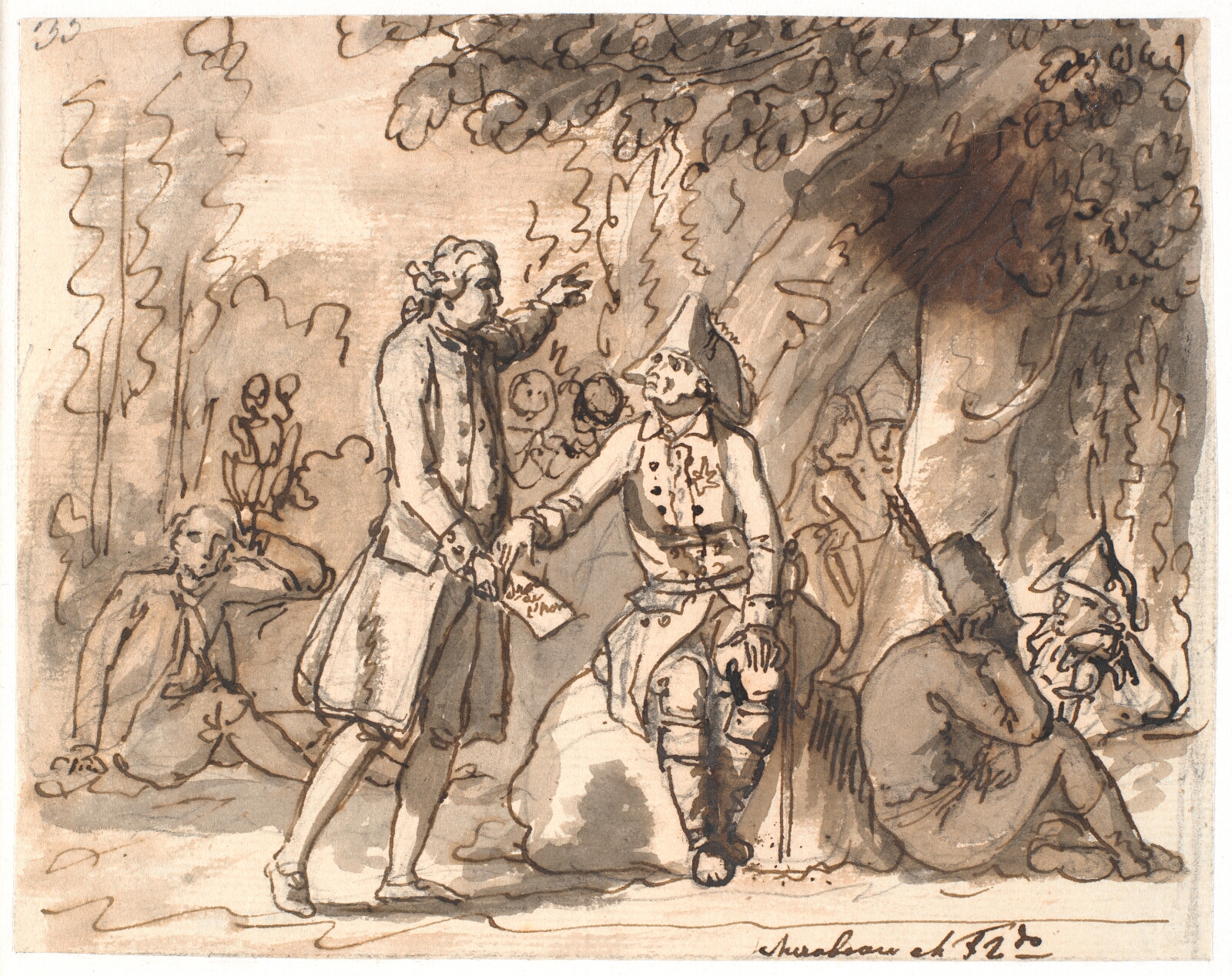 Nicolai Abildgaard, Mirabeau giver kong Frederik II, der sidder i en skov mellem bivouakerende soldater, et dokument med "menneskerettighederne"
